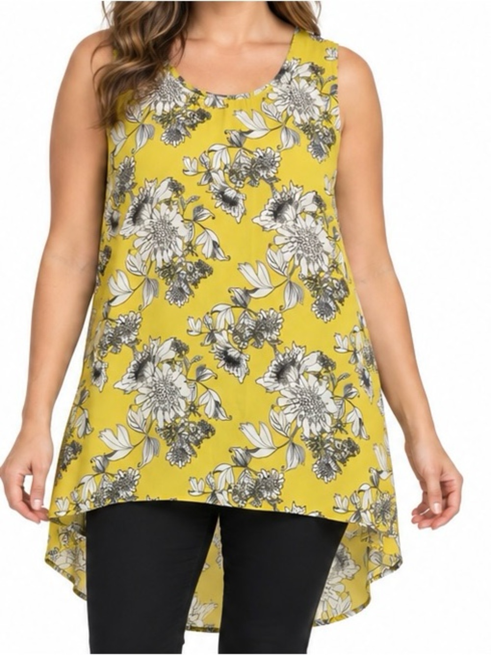 W5 Concepts Floral High Low Tunic Blouse Yellow Sleeveless Women’s XLarge